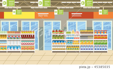 Supermarket Interior With Food On Shelves Vectorのイラスト素材 45385035 Pixta