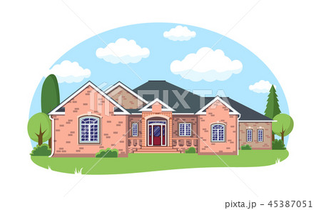 Cartoon house exterior with blue clouded sky Front Home Architecture Concept Flat Design Style Cartoon house exterior with blue clouded sky Front Home Architecture Concept Flat Design Style 45387051