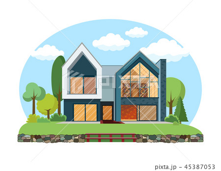 Cartoon house exterior with blue clouded sky Front Home Architecture Concept Flat Design Style Cartoon house exterior with blue clouded sky Front Home Architecture Concept Flat Design Style 45387053