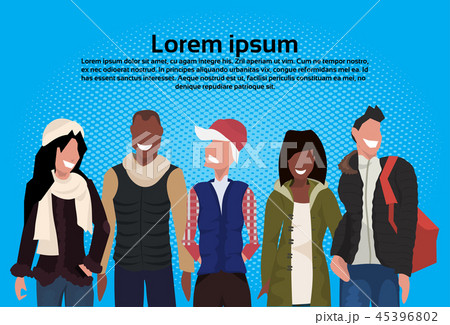 mix race people group wearing winter clothes standing together female male cartoon character 45396802