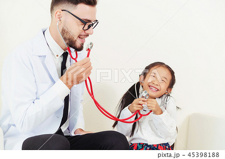 Happy little kid visit doctor in hospital office. Happy little kid visit doctor in hospital office. 45398188