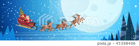 santa claus flying in sledge with reindeers night sky over moon merry christmas happy new year 45398406