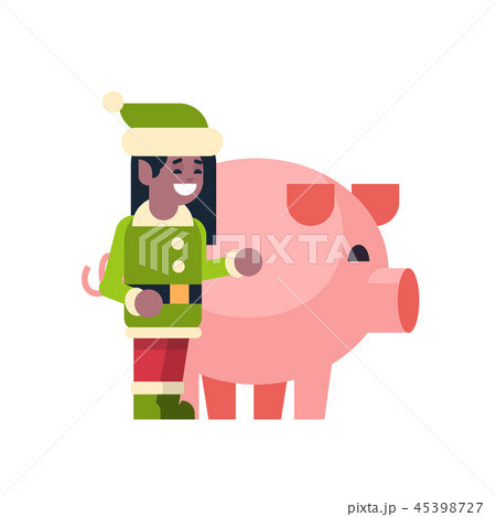 elf girl santa claus helper with pig merry christmas holiday new year concept flat isolated 45398727