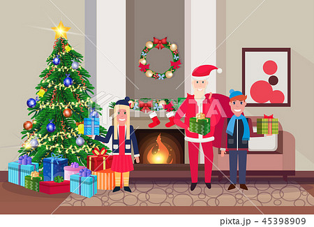 merry christmas happy new year snata claus with children in living room pine tree fireplace home 45398909