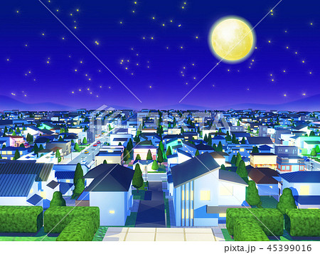 街 住宅街 丘の上 夜景 月 星空のイラスト素材