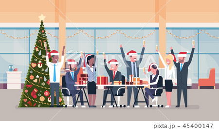 business team raised hands in modern office decorated fir tree happy new year merry christmas 45400147