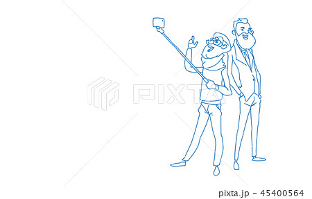 two men taking selfie photo smart phone stick men tourists full length sketch doodle horizontal 45400564