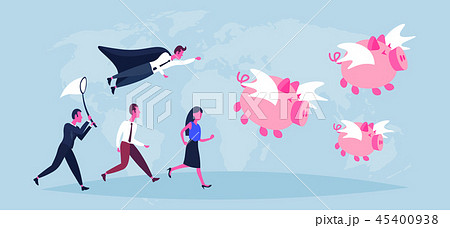 business people trying catch flying piggybank pigs growth wealth concept businessman woman world map business people trying catch flying piggybank pigs growth wealth concept businessman woman world map 45400938