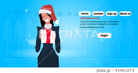 brunette businesswoman wearing red hat hold gift box happy new year merry christmas concept flat 45401073