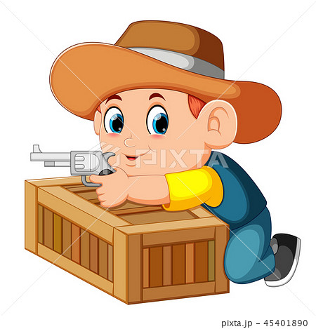 Smart Cowboy Holding His Gun And Behind The Boxのイラスト素材