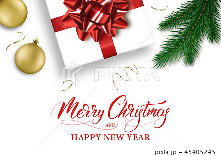 Merry Christmas and Happy New Year. Winter holiday banner with Xmas decorations and calligraphy Merry Christmas and Happy New Year. Winter holiday banner with Xmas decorations and calligraphy 45405245