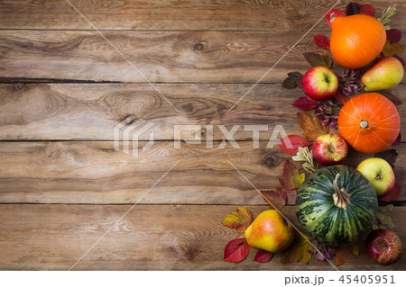 Fall background orange onion squash and pears, 45405951