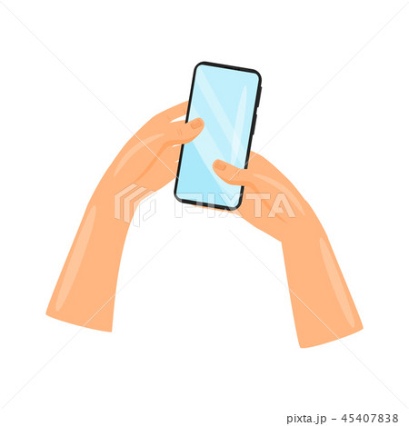 Mobile phone with blue touch screen in human hands. Gadget for communication. Black smartphone. Flat 45407838