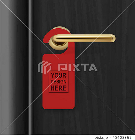 Vector realistic paper red door hanger on black realistic wooden door with metal gold handle Vector realistic paper red door hanger on black realistic wooden door with metal gold handle 45408365