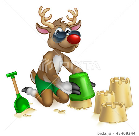 Santas Reindeer In Shades Sunglasses On The Beachのイラスト素材