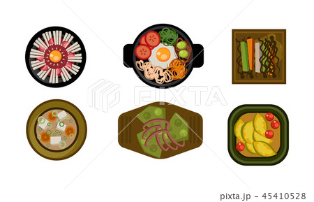 Collection of served dishes set, cooking, healthy eating concept vector Illustration on a white Collection of served dishes set, cooking, healthy eating concept vector Illustration on a white 45410528