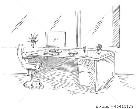 Hand drawn workplace behind the monitors. 45411178