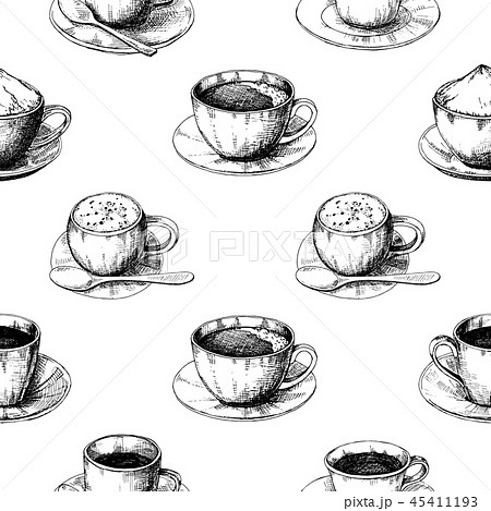 Sketch different mug of coffee on a saucer. Sketch different mug of coffee on a saucer. 45411193