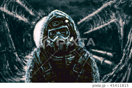 Rescuer in gas mask. Infection area. 45411815