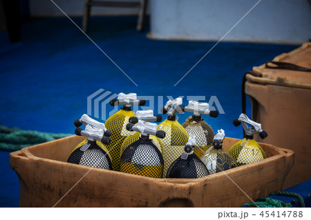 Cylinders with oxygen in container box on boat. Cylinders with oxygen in container box on boat. 45414788