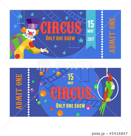 Circus ticket with clown and parrot vector set 45416847