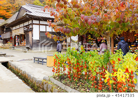 大内宿の紅葉 赤いホオズキの写真素材