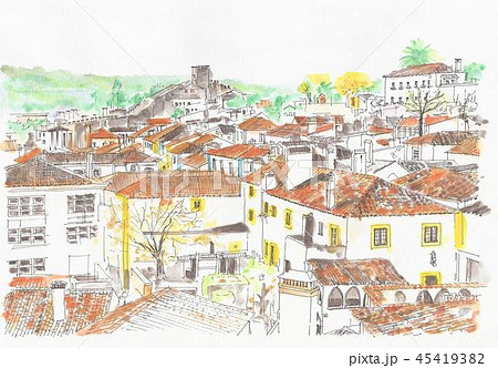 世界遺産の街並み ポルトガル オビドスの旧市街のイラスト素材