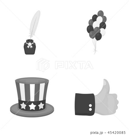Balloons, inkwell with a pen, Uncle Sam's hat. The patriot's day set collection icons in monochrome 45420085