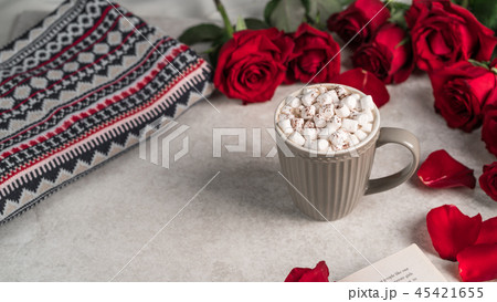 hot chocolate drink with marshmallows, red roses hot chocolate drink with marshmallows, red roses 45421655