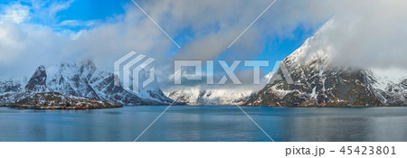 Norwegian fjord and mountains in winter. Lofoten islands, Norway 45423801