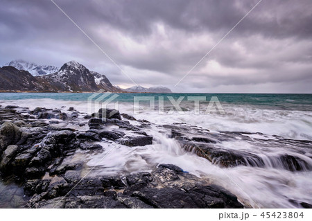 Rocky coast of fjord in Norway 45423804