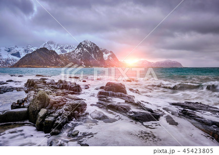 Rocky coast of fjord in Norway 45423805