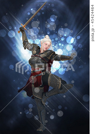 Woman elf warrior with sword on fantasy abstract background 3D illustration 45424464