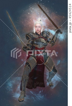 Woman elf warrior with swords on fantasy abstract background 3D illustration Woman elf warrior with swords on fantasy abstract background 3D illustration 45424514