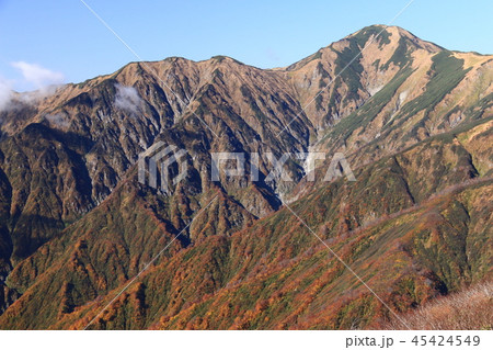 東北飯豊連峰　飯豊山山頂への道　切合小屋稜線からの紅葉の大日岳を望む 45424549