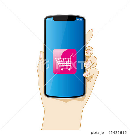 スマホを持つ左手のイラスト ショッピングカート 白背景 Hand With Smartphoneのイラスト素材