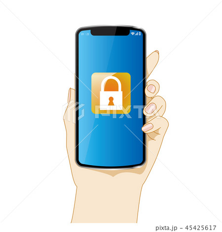 スマホを持つ左手のイラスト セキュリティのイメージ 白背景 Hand With Smartphoneのイラスト素材