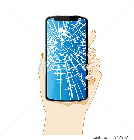 スマホを持つ左手のイラスト ヒビ割れた画面 白背景 Hand With Smartphoneのイラスト素材