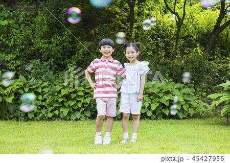 Cute little boy and girl harvesting together. Gardening, planting concept photo 338 45427956