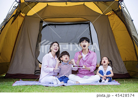 Family having picnic outdoors. Parents with two children relax in the park. Concept of happy family relations and carefree leisure time. 262 45428574
