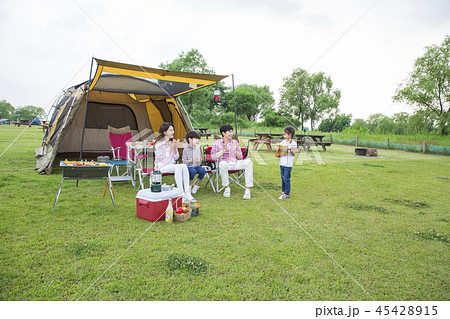 Family having picnic outdoors. Parents with two children relax in the park. Concept of happy family relations and carefree leisure time. 225 45428915