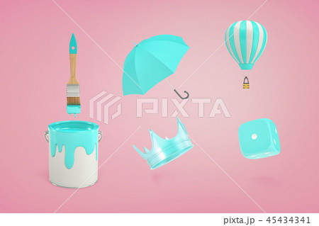 3d rendering of paint brush turning a dice, an umbrella, a crown, a hot air balloon and a bucket 45434341