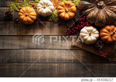 Top view of Autumn maple leaves with Pumpkin Top view of Autumn maple leaves with Pumpkin 45438217