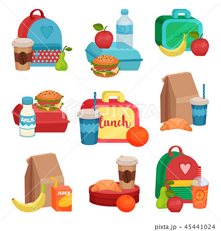 Flat vector set of colorful compositions with school food. Tasty meal. Delicious fruits, drinks and 45441024