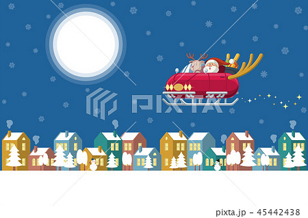 Santa flying sleigh car over winter town at night 45442438