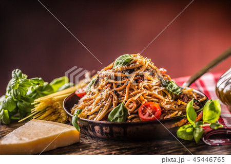 Spaghetti with tomato sauce olive oil and basil. Spaghetti with tomato sauce olive oil and basil. 45446765