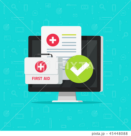 Medical stuff on computer vector, flat cartoon desktop pc, insurance document form, medicine Medical stuff on computer vector, flat cartoon desktop pc, insurance document form, medicine 45448088