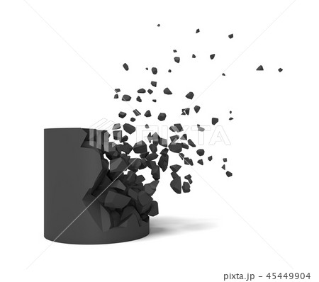 3d rendering of a solid black cylinder getting destroyed with pieces flying up. 3d rendering of a solid black cylinder getting destroyed with pieces flying up. 45449904