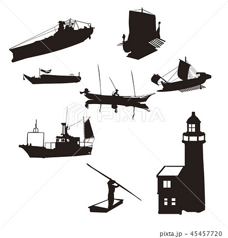 色々な船と灯台シルエットのイラスト素材