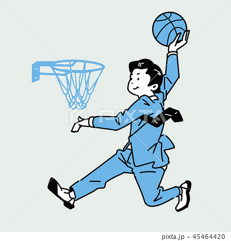 スーツ姿でバスケットにダンクする男性のイラスト素材